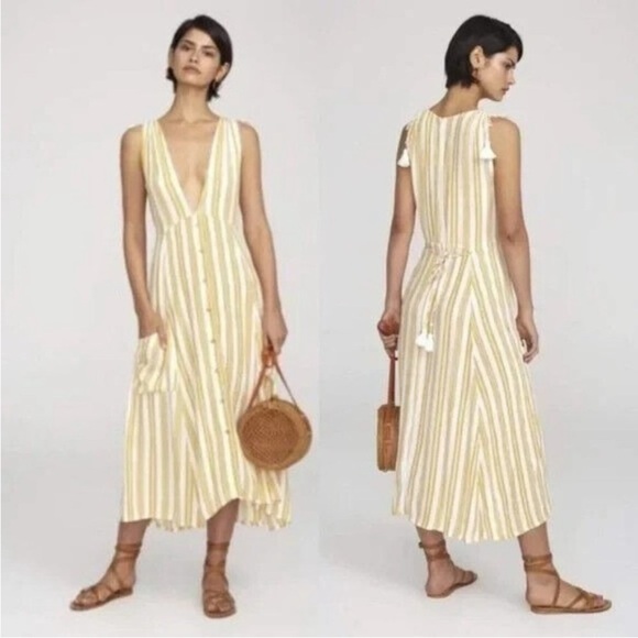 Faithfull The Brand Claudia Sun Azure Striped Midi Dress Yellow Size 4 - Picture 1 of 15